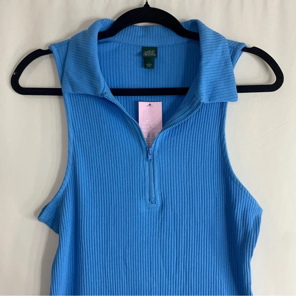 NWT Wild Fable Blue Ribbed Sleeveless Zip Collar Mini Dress, Size L - Picture 4 of 7